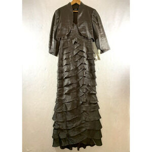 Adrianna Papell Satin Tiered Maxi Gown & Bolero 2 pc Set Dress Sz 8 Bronze Event